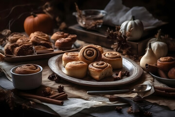 Cinnamon Rolls, fluffy, cinnamon-spiced pastries with icing, fall atmosphare