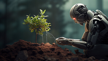 lose up of robot humanoid planting tree seedling in ground in forest. Anti deforestation concept in future. Technology and nature concept. Android and plant in park. Technology for eco.