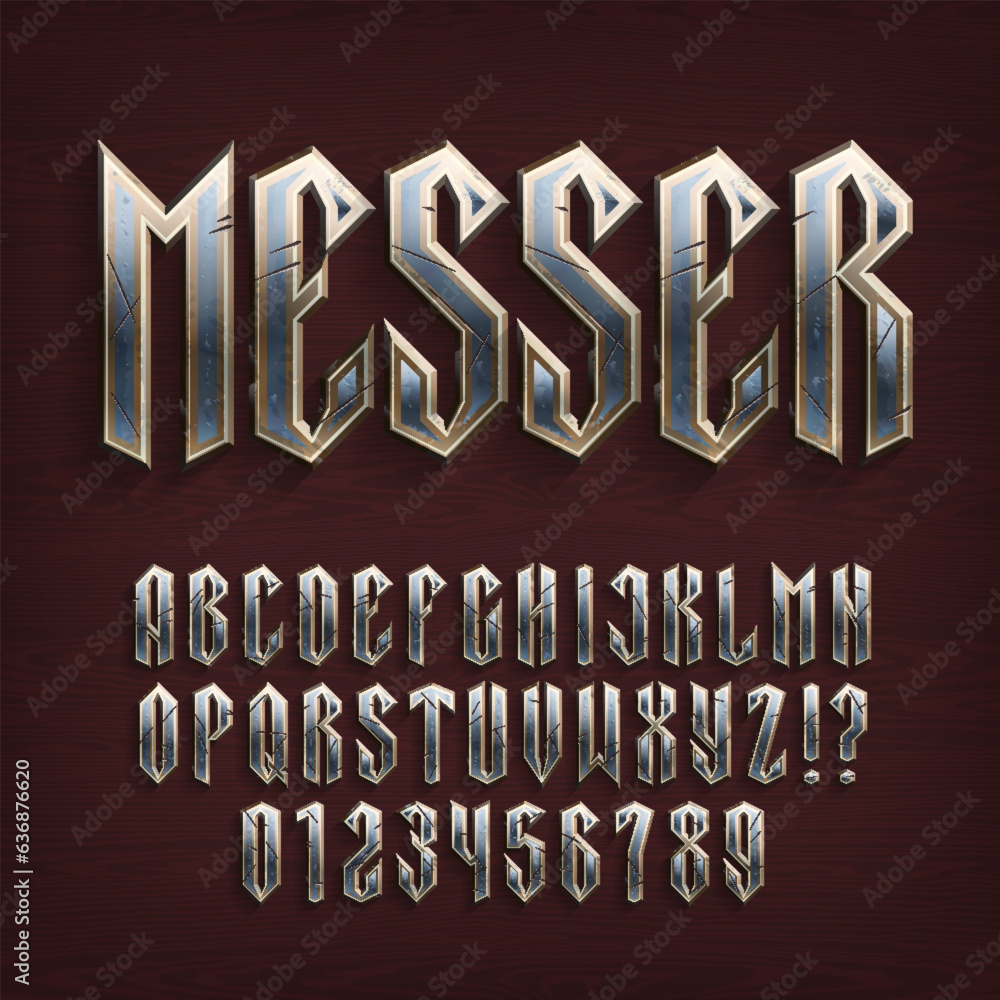 Fototapete messer alphabet font. damaged metal letters and numbers on a wooden background. stock vector typescr