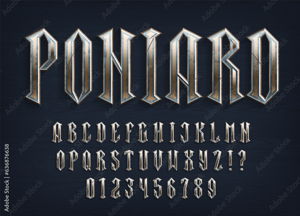 Fototapete poniard alphabet font. medieval metal letters and numbers on a wooden background. stock vector types