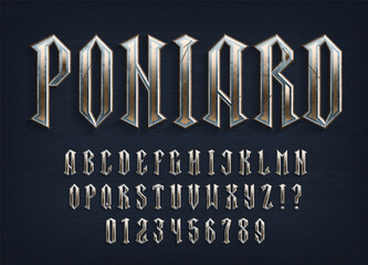 Poniard alphabet font. Medieval metal letters and numbers on a wooden background. Stock vector typescript for your typography design.