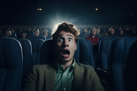 man in cinema terrified reaction