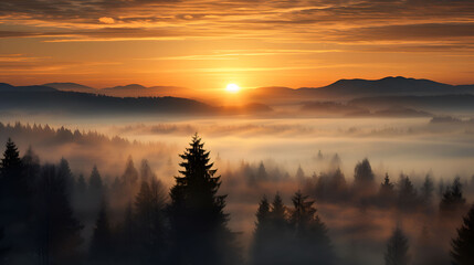Mystic Twilight: Fog-Enveloped Forest with Mountain Backdrop at Sunset