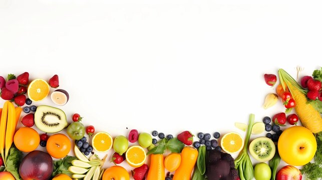 AI generated image of a picture frame made up of fruits and vegetables, minimalism, white background, matte background, vibrant color.