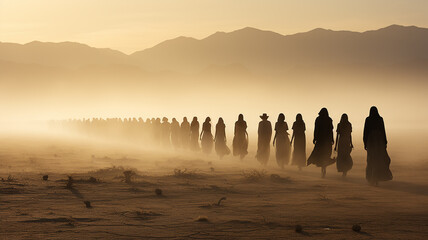 black silhouettes wander through the desert apocalypse fantasy. - obrazy, fototapety, plakaty