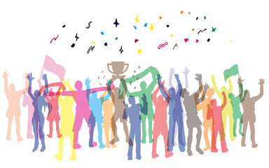 Colorful silhouettes cheering for sports and celebrating victory.Shadow people in various gestures,vector silhouettes of men and a women