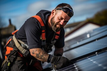 Technicians installing solar panels on roofs of houses and home offices Save energy and save money. own a small business