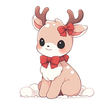 A christmas reindeer with cute red ribbon sitting on the ground