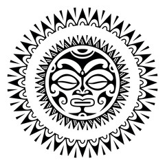 Round tattoo ornament with sun face maori style. African, aztecs or mayan ethnic mask. Black and white - obrazy, fototapety, plakaty