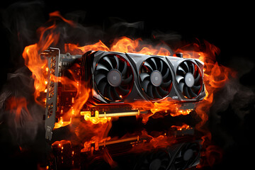 flaming graphics card, isolated on black background