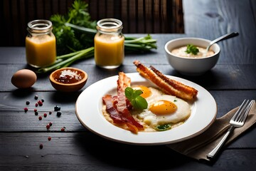 Breakfast with fried eggs and bacon at Restaurant.