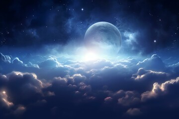 Naklejka na ściany i meble a shining full moon peeking through clouds in the night sky. Generative AI