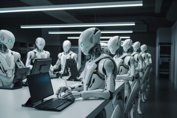 Advanced robots working on computers in a futuristic call center. Generative AI