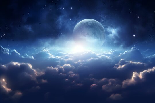 a shining full moon peeking through clouds in the night sky. Generative AI