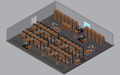 Isometric view of a Warehouse,The transport vehicle uses a robotic arm.,robots to pick up the goods. using automation in product management