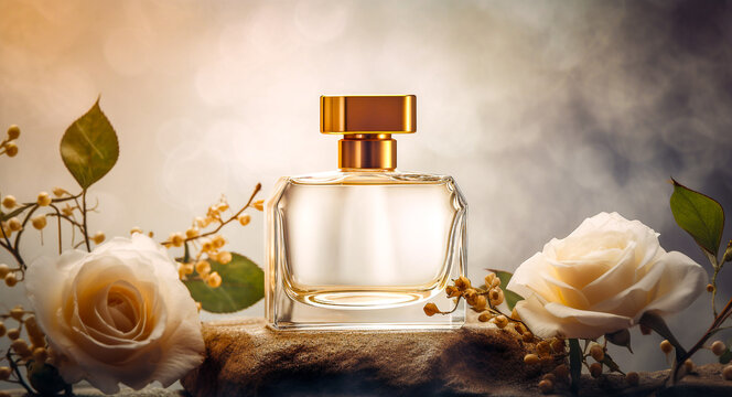 Flacon de parfum - Pr&eacute;sentation publicitaire d'un parfum dans les tons de blanc et or - G&eacute;n&eacute;rative IA