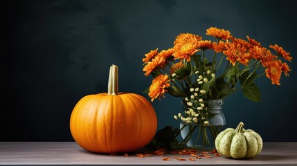 Naklejka na ściany i meble Composition autumn bouquet of flowers and pumpkin created with Generative AI technology.