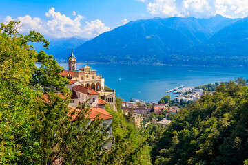 Fototapeta na wymiar View of Madonna del Sasso monastery and lake Maggiore at Locarno, Switzerland