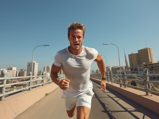 young man runner running on city bridge road