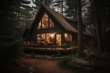 Fototapeta na wymiar Nighttime cottage nestled within a pine-filled forest. Generative AI