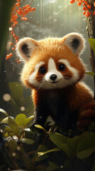 Adorable and fluffy red panda in a bamboo forest 
