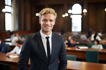 Smiling confident caucasian blond male lawyer with a business suit in courthouse background, professional attorney wallpaper, Horizontal format 3:2 - obrazy, fototapety, plakaty