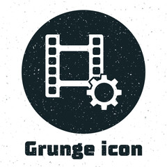 Grunge Play Video icon isolated on white background. Film strip sign. Monochrome vintage drawing. Vector