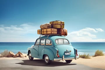 Fotobehang Old vintage car loaded with luggage on the roof arriving on beach with beautiful sea view. Summer travel concept background © sam