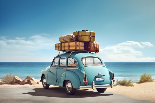 Fototapeta Old vintage car loaded with luggage on the roof arriving on beach with beautiful sea view. Summer travel concept background