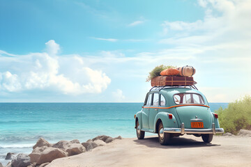 Old vintage car loaded with luggage on the roof arriving on beach with beautiful sea view. Summer travel concept background with copy space - obrazy, fototapety, plakaty