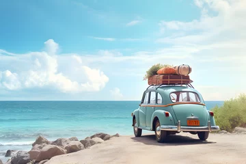 Rolgordijnen Old vintage car loaded with luggage on the roof arriving on beach with beautiful sea view. Summer travel concept background with copy space © sam