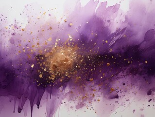 Purple and Gold Paint Splash and Texture on White Background. Paint Stain