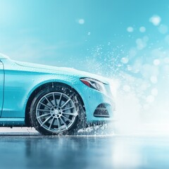 Car wash wide banner, light blue colored. New modern car. Generative AI.