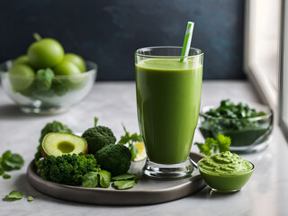 A glass of green smoothie next to a glass of green juice on a table
