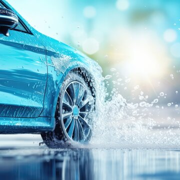 Car wash wide banner, light blue colored. New modern car. Generative AI.