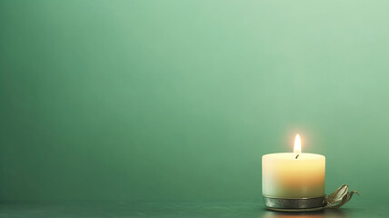 candle on a green background greeting card minimalism.