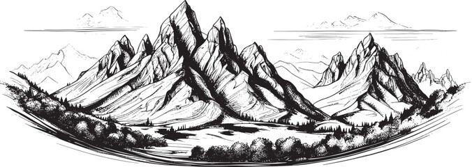 Vector sketch of hand drawn graphic mountain ranges and pine forest. Natural landscape. Black and white backgrounds for outdoor camping.