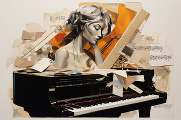 Piano with girl and musical notes, retro style, collage. Paper collage  - obrazy, fototapety, plakaty