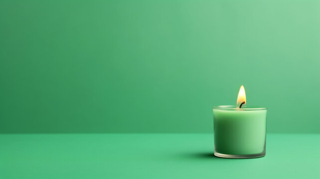 candle on a green background greeting card minimalism.