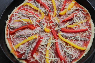 Pizza with peppers, anchovies and cheese