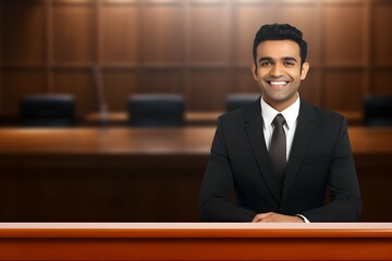 Smiling confident Indian male lawyer with a business suit and a tie in courthouse background, professional attorney wallpaper, Horizontal format 3:2
