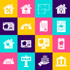 Set Museum building, Online real estate house, Washer, House plan, Warehouse, with percant discount and contract icon. Vector