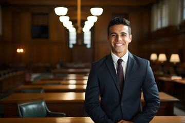 Smiling confident Hispanic male lawyer with a business suit and a tie in courthouse background, professional attorney wallpaper, Horizontal format 3:2