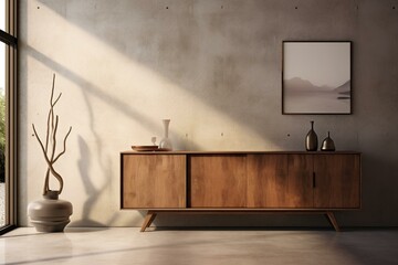 Modern 3D interior featuring a wooden sideboard against a concrete stucco wall adorned with an art frame. Generative AI