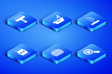 Set Veterinary clinic, Hair brush for dog and cat, Pet carry case, Bag of food pet, Cat litter tray with shovel and scratching post icon. Vector