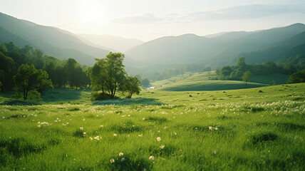 A lush, green landscape bathed in the soft glow of the setting sun. AI Generative.