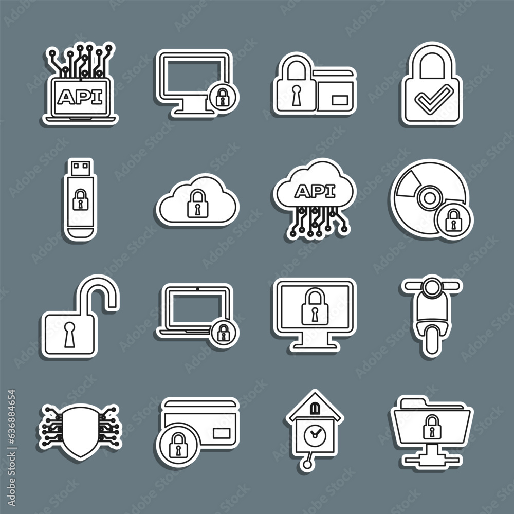 Poster set line ftp folder and lock, scooter, cd or dvd disk with, credit card, cloud computing, usb flash 
