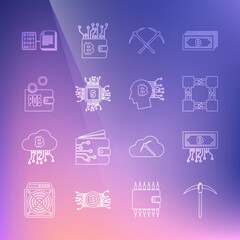 Set line Pickaxe, Cryptocurrency bitcoin with circuit, Blockchain technology, Crossed pickaxe, Processor chip dollar, Proof of stake, Smart contract and Bitcoin think icon. Vector