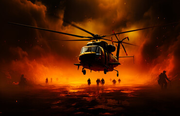 helicopters are flying over a fire filled field with soldier in silhouettes