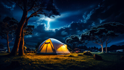 A tent illuminated by the light of a full moon in a serene field. A tent in the middle of a field under a full moon